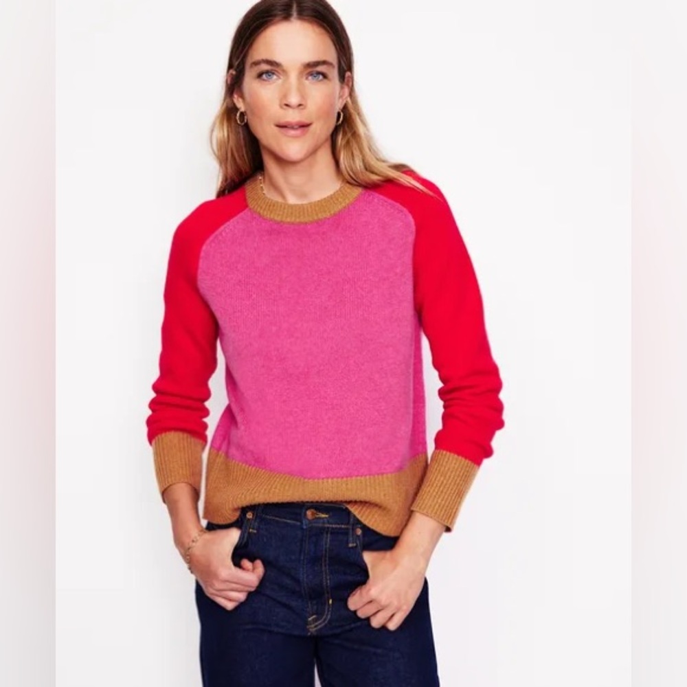 Boden Pink and Red Colorblock Crewneck Sweater with Tan Trim